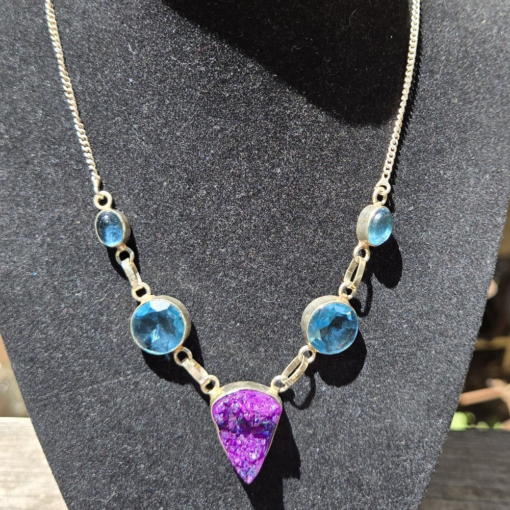 Amethyst Drutzy Topaz & Tanzanite Crystal Gemstone Sterling Necklace 18" - Picture 5 of 9